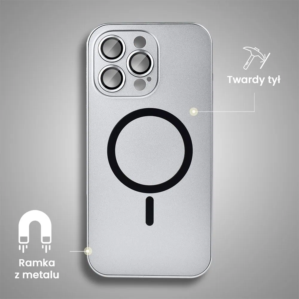Etui do iPhone 15 Pro Metal Solid Magsafe, pełny tył z metalową ramką i osłoną aparatu, srebrne