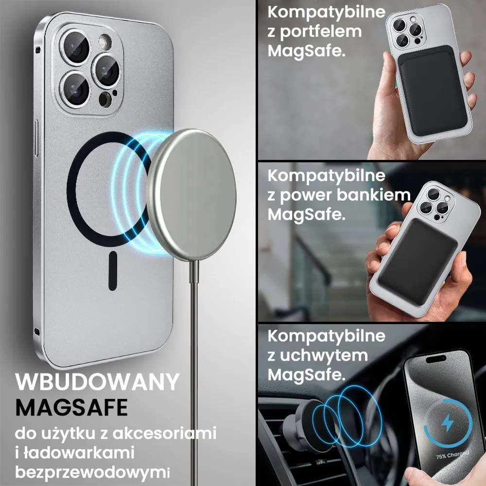 Etui do iPhone 15 Pro Metal Solid Magsafe, pełny tył z metalową ramką i osłoną aparatu, srebrne