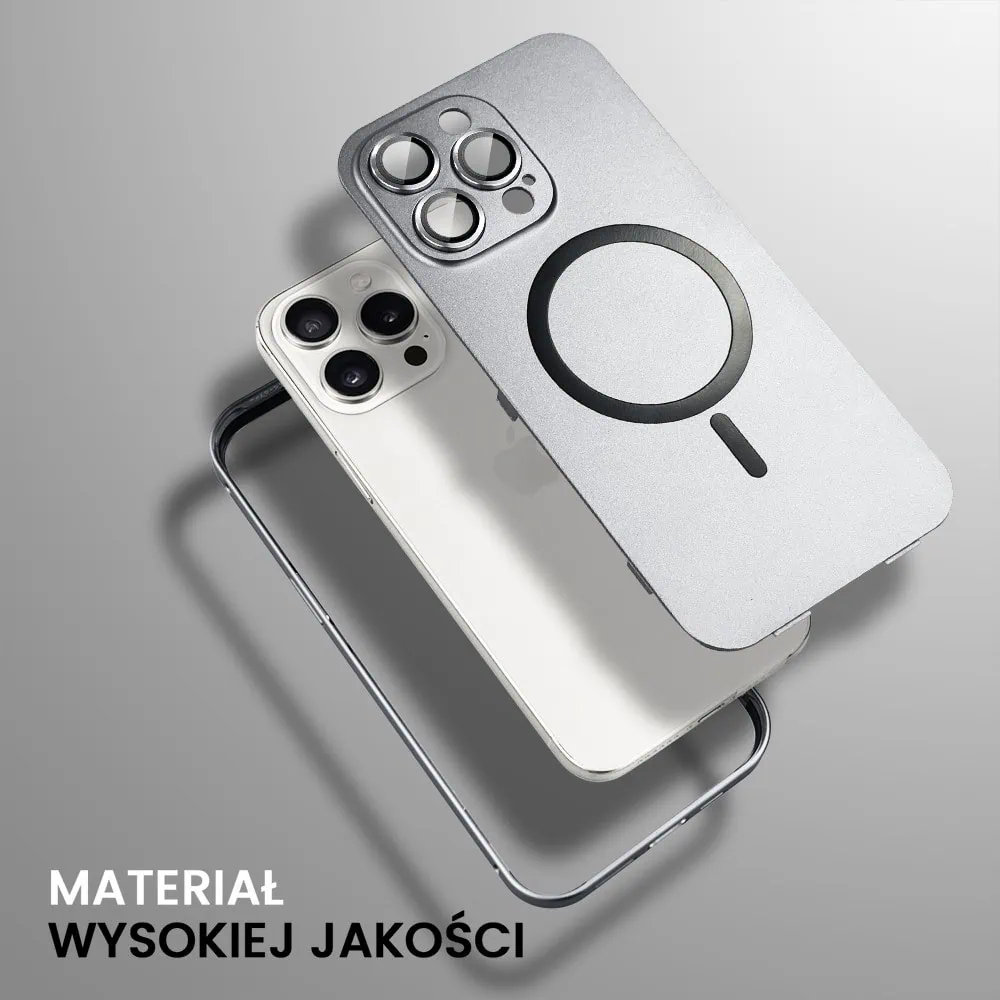 Etui do iPhone 15 Pro Metal Solid Magsafe, pełny tył z metalową ramką i osłoną aparatu, srebrne