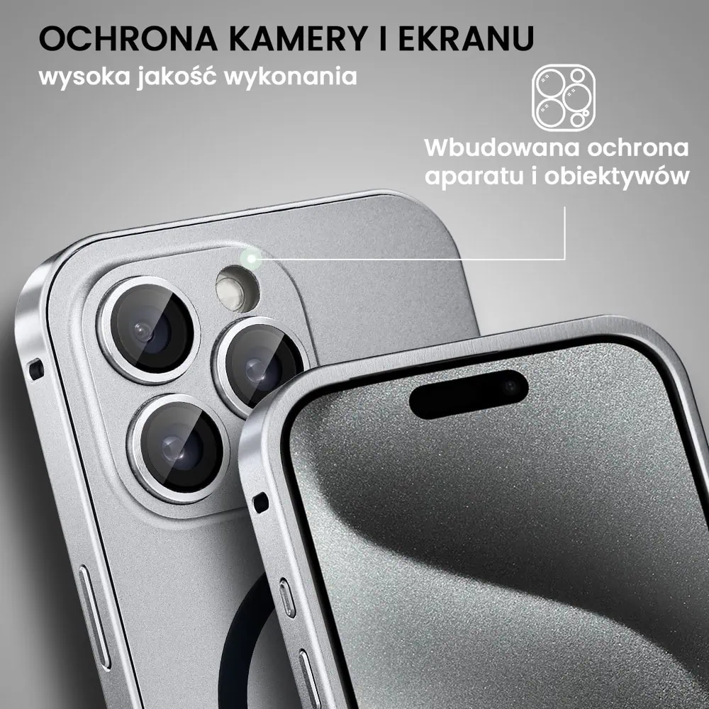 Etui do iPhone 15 Pro Metal Solid Magsafe, pełny tył z metalową ramką i osłoną aparatu, srebrne