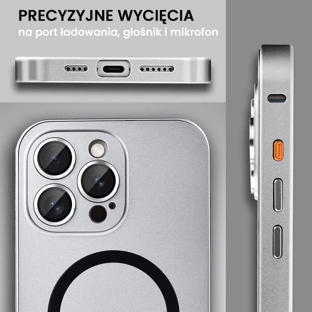 Etui do iPhone 15 Pro Metal Solid Magsafe, pełny tył z metalową ramką i osłoną aparatu, srebrne
