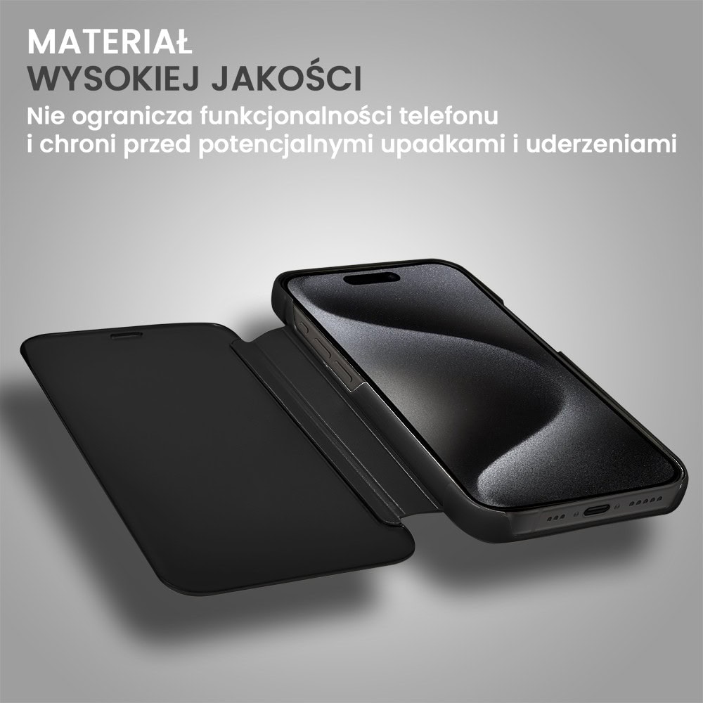 Etui do iPhone 15 Pro Max Mirror View zamykane typu książka, eleganckie lustrzane, czarne (OUTLET)