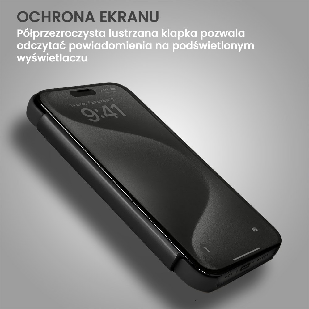 Etui do iPhone 15 Pro Max Mirror View zamykane typu książka, eleganckie lustrzane, czarne (OUTLET)