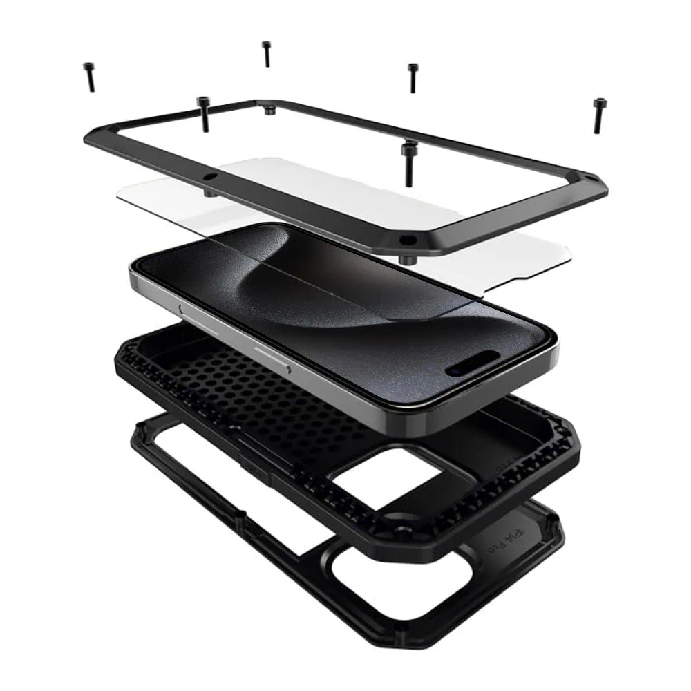 Etui do iPhone 15 Pro Max Panzer Max, metalowa, skręcana, pancerna obudowa przód+tył, czarne