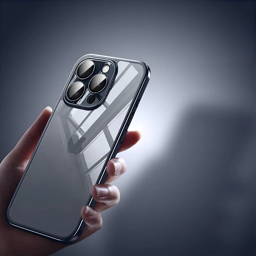 Etui do iPhone 15 Pro Max Titanium Finish, przeźroczyste z ochroną aparatu, Sulada original, tytan błękitny