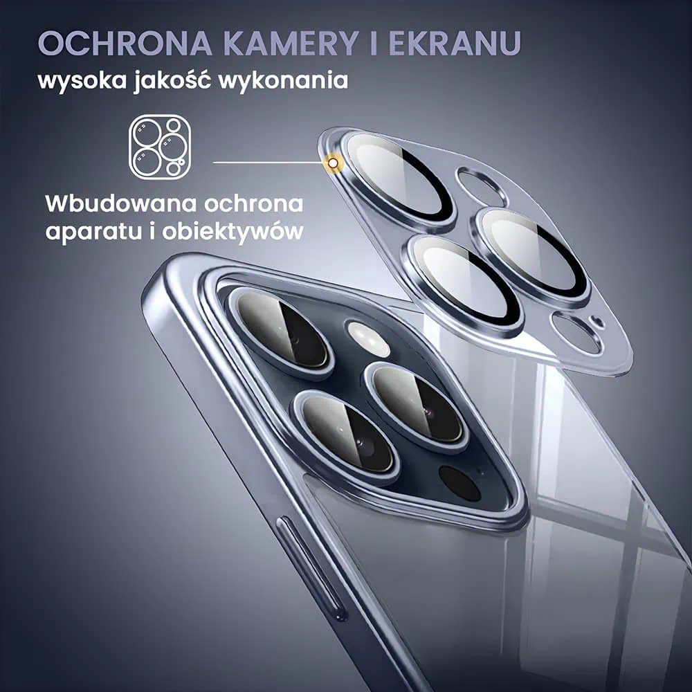 Etui do iPhone 15 Pro Max Titanium Finish, przeźroczyste z ochroną aparatu, Sulada original, tytan błękitny