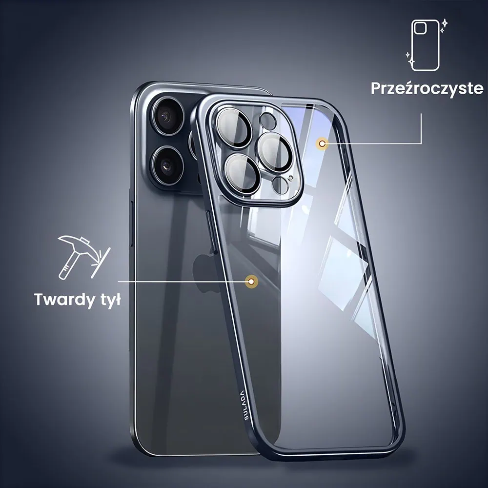 Etui do iPhone 15 Pro Max Titanium Finish, przeźroczyste z ochroną aparatu, Sulada original, tytan błękitny