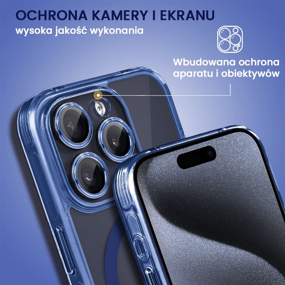 Etui do iPhone 15 Pro cienkie, wzmocnione, z ochroną anti shock oraz głośników, niebieskie