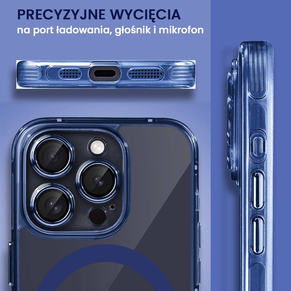 Etui do iPhone 15 Pro cienkie, wzmocnione, z ochroną anti shock oraz głośników, niebieskie