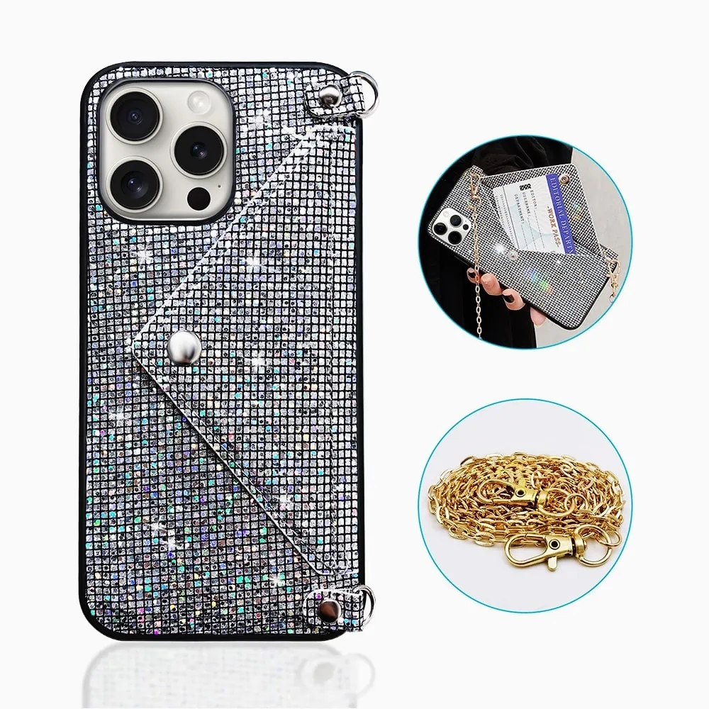 Etui do iPhone 15 Pro, eleganckie, błyszczące, torebka z łańcuszkiem, srebrne
