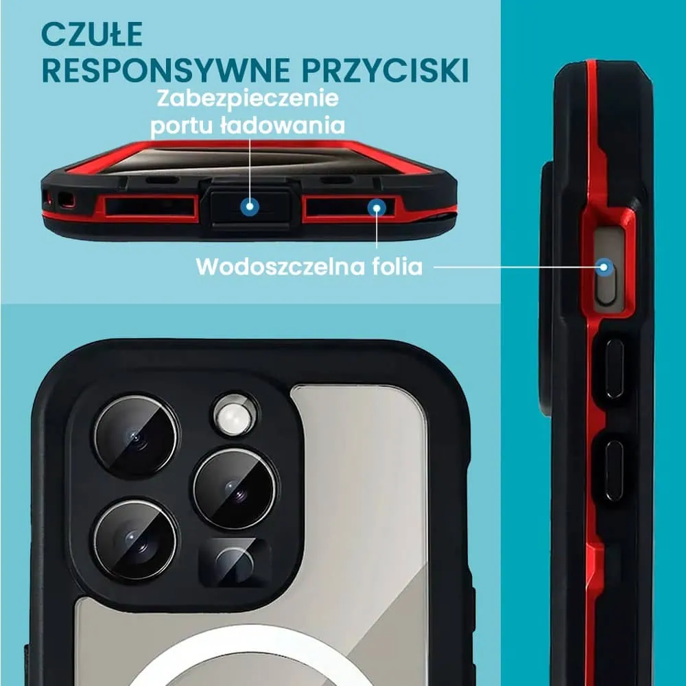 Etui do iPhone 15 Pro Max wodoodporne z MagSafe, pancerne, przeźroczyste, czerwone