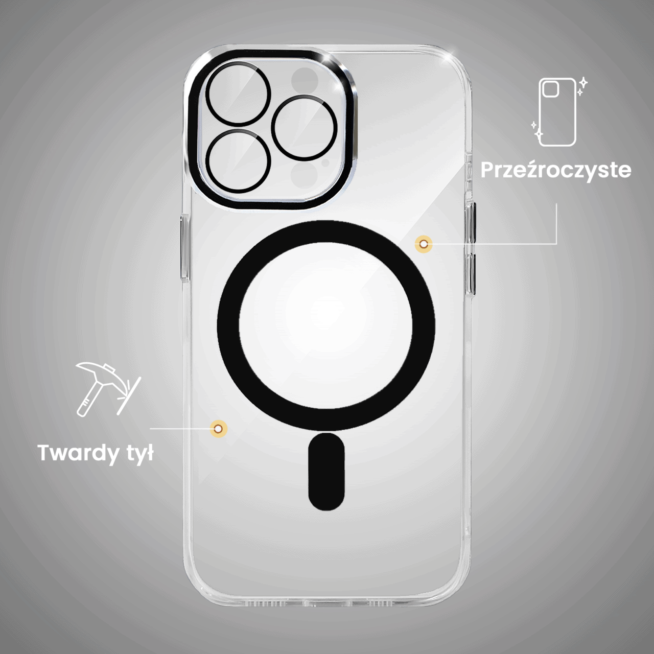 Etui do iPhone 15 Pro Max Simple Elegance z MagSafe, twardy przeźroczysty tył, hybrydowa ochrona kamery, czarne (OUTLET)