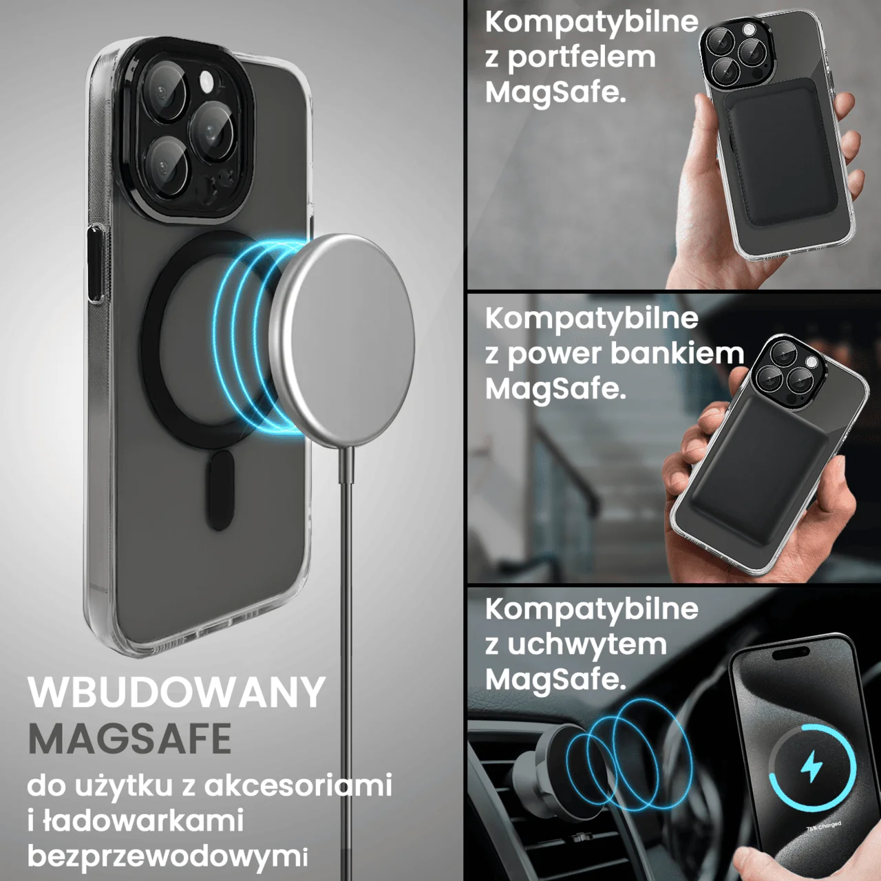 Etui do iPhone 15 Pro Max Simple Elegance z MagSafe, twardy przeźroczysty tył, hybrydowa ochrona kamery, czarne (OUTLET)