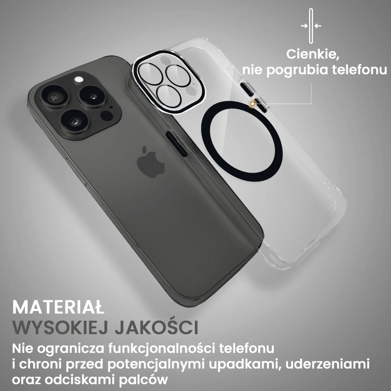 Etui do iPhone 15 Pro Max Simple Elegance z MagSafe, twardy przeźroczysty tył, hybrydowa ochrona kamery, czarne (OUTLET)