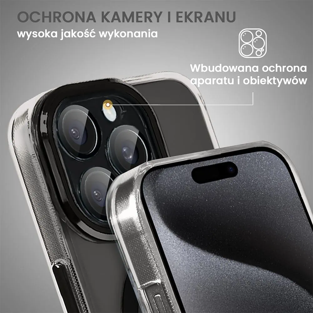 Etui do iPhone 15 Pro Max Simple Elegance z MagSafe, twardy przeźroczysty tył, hybrydowa ochrona kamery, czarne (OUTLET)
