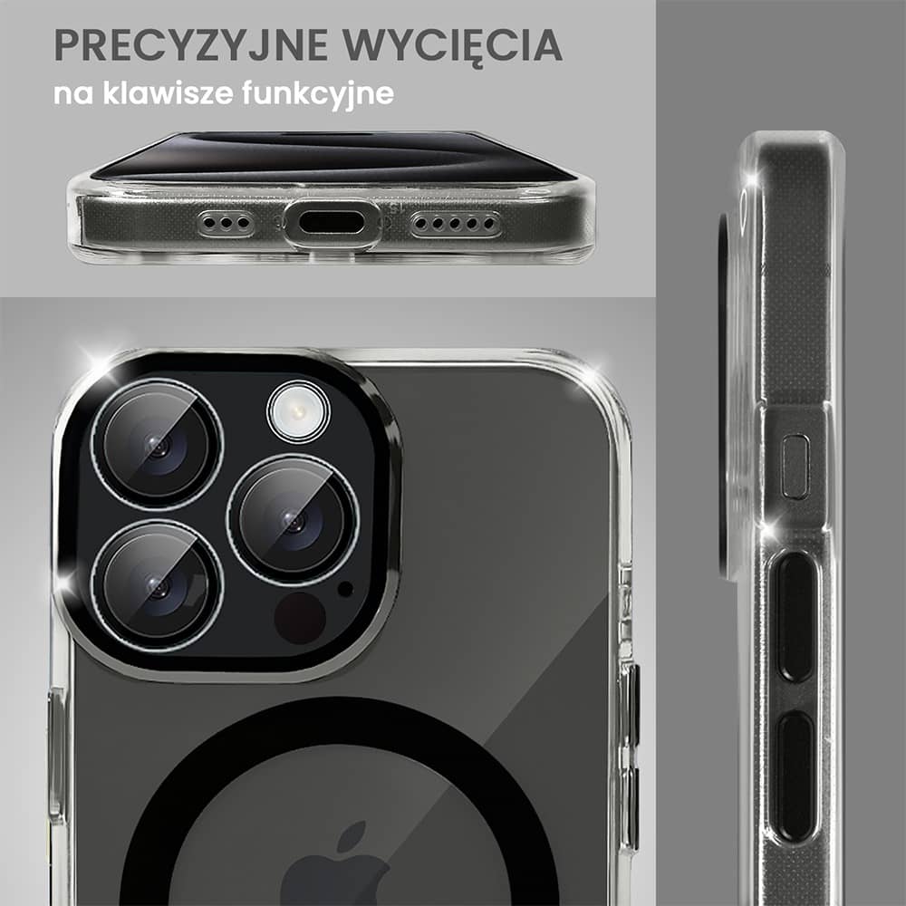 Etui do iPhone 15 Pro Max Simple Elegance z MagSafe, twardy przeźroczysty tył, hybrydowa ochrona kamery, czarne (OUTLET)
