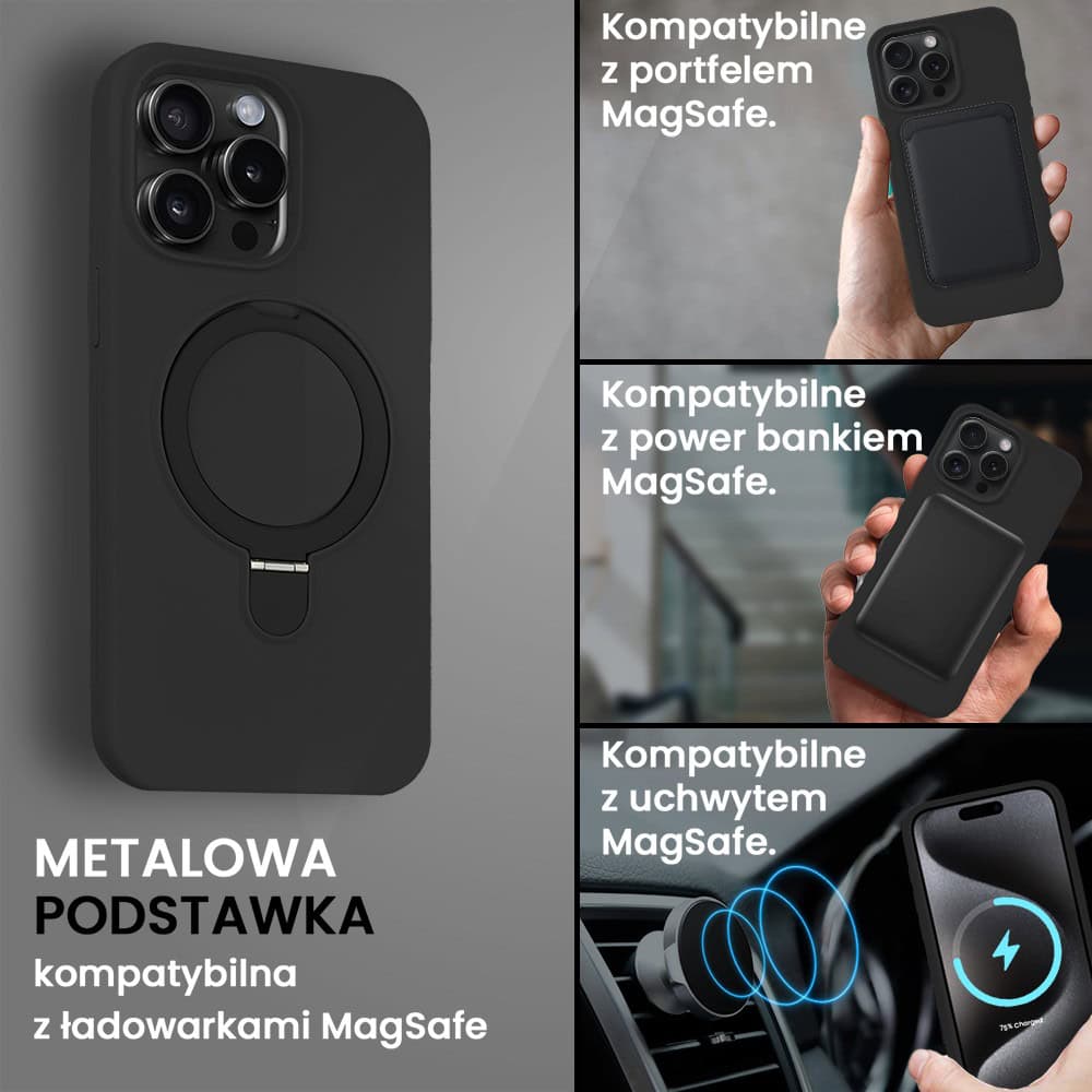 Etui do iPhone 15 Pro Soft Silicone MagSafe Stand z podstawką, czarne