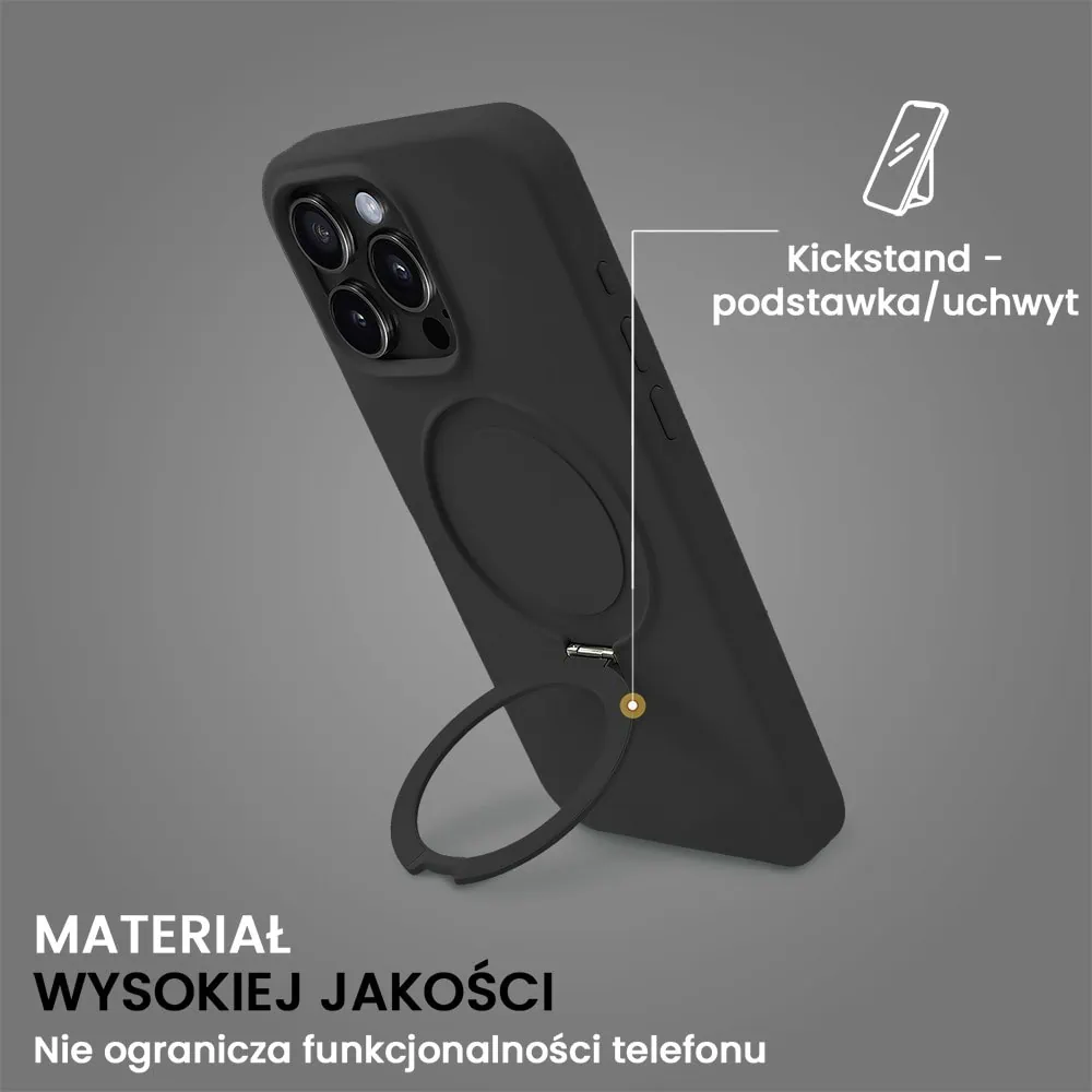 Etui do iPhone 15 Pro Soft Silicone MagSafe Stand z podstawką, czarne