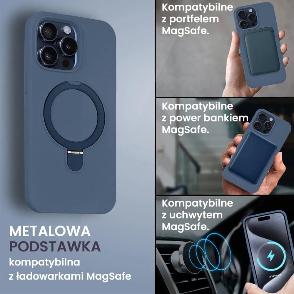 Etui do iPhone 15 Pro Soft Silicone MagSafe Stand z podstawką, granatowe