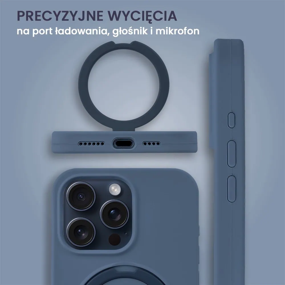 Etui do iPhone 15 Pro Soft Silicone MagSafe Stand z podstawką, granatowe