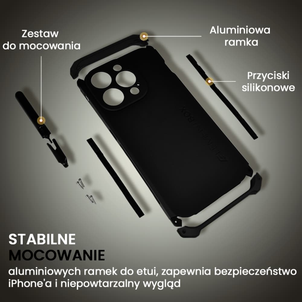 Etui do iPhone 15 Pro Soild Elements pancerne, twarde, z metalowymi krawędziami, czarne
