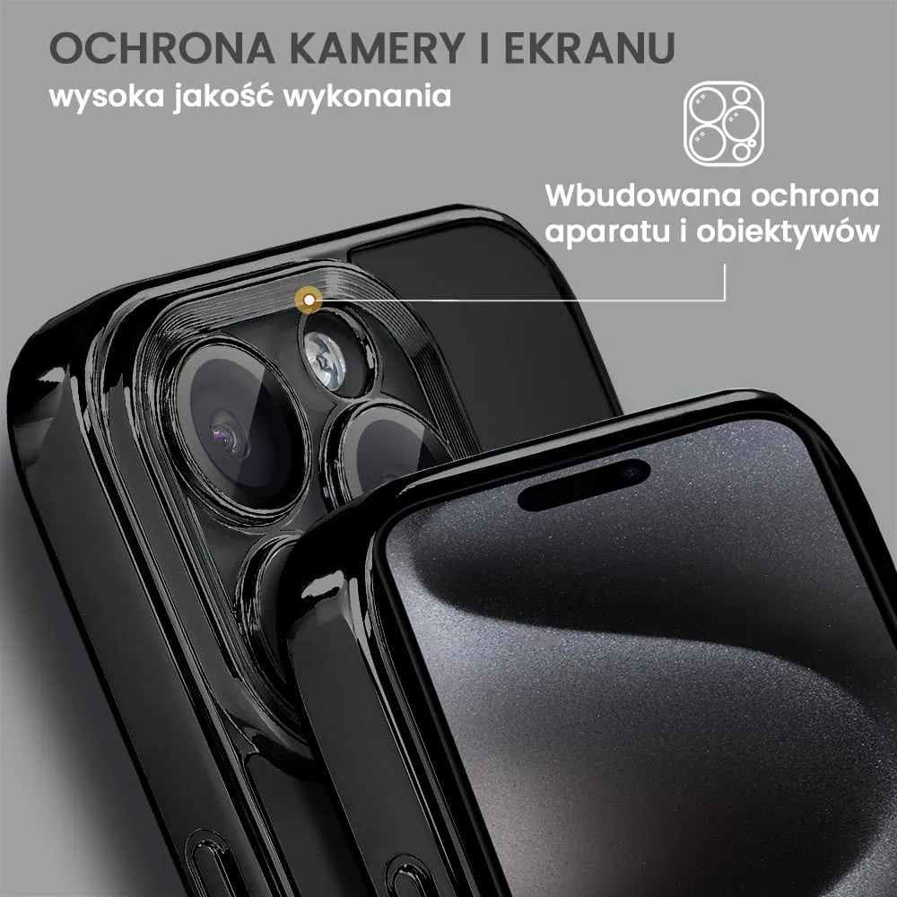 Etui do iPhone 15 Pro Max cienkie, eleganckie, z osłoną aparatu i widocznym logo, czarne