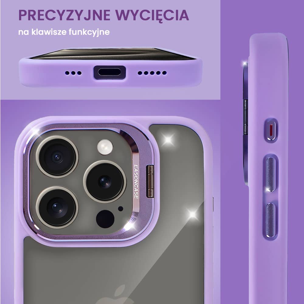 Etui do iPhone 15 Pro Max cienkie przeźroczyste, 3w1 z podstawką i osłoną aparatu, fioletowe