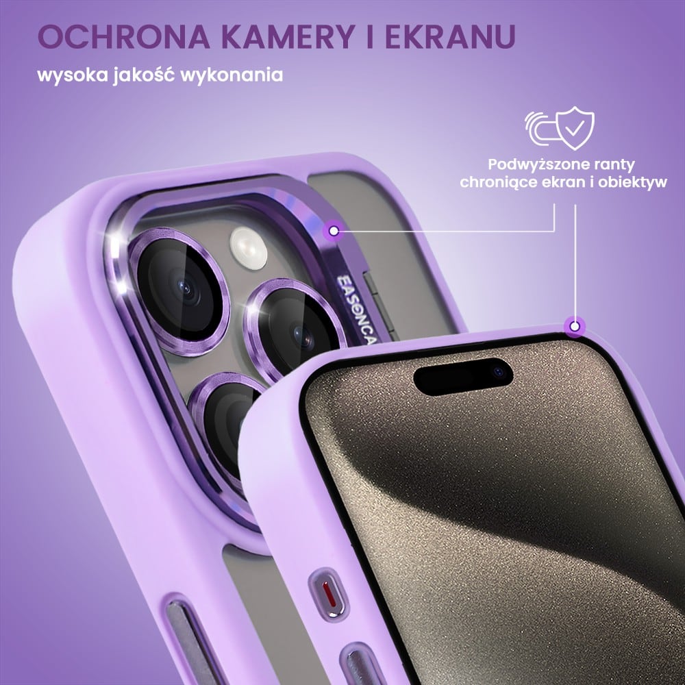 Etui do iPhone 15 Pro Max cienkie przeźroczyste, 3w1 z podstawką i osłoną aparatu, fioletowe