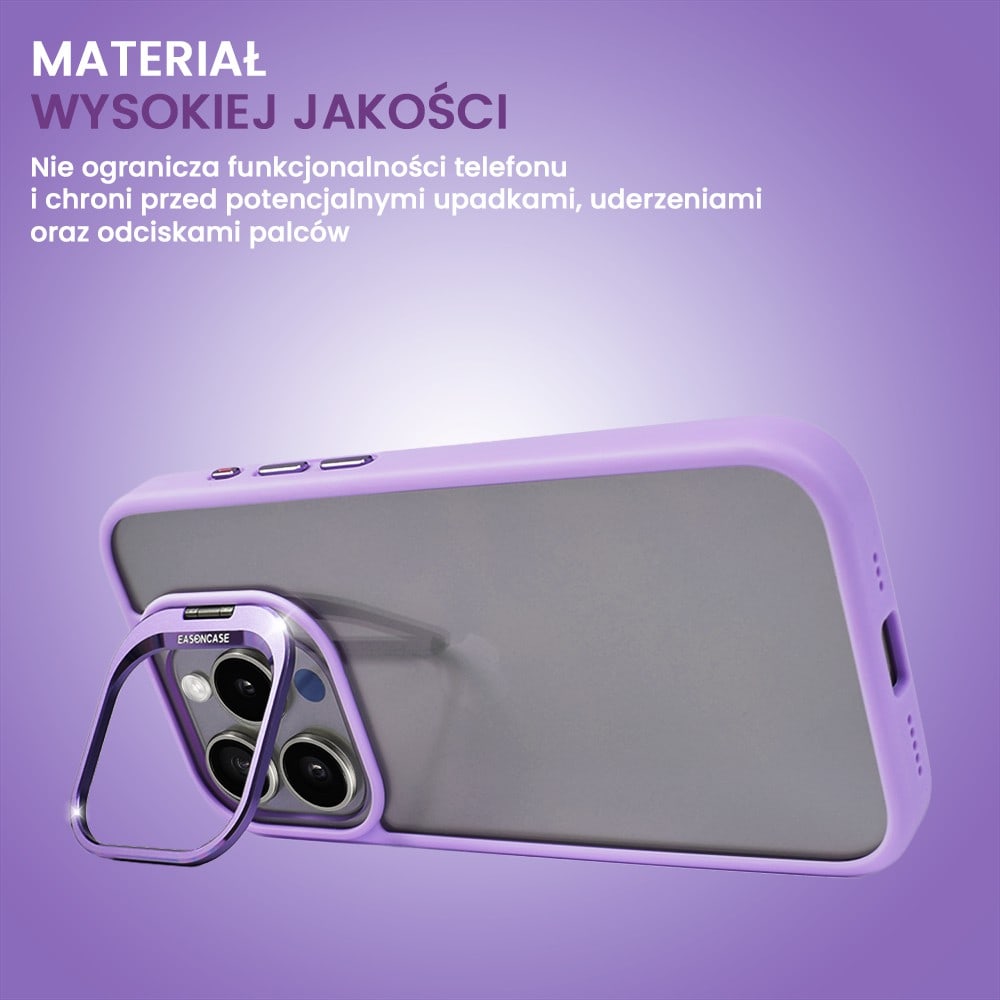 Etui do iPhone 15 Pro Max cienkie przeźroczyste, 3w1 z podstawką i osłoną aparatu, fioletowe