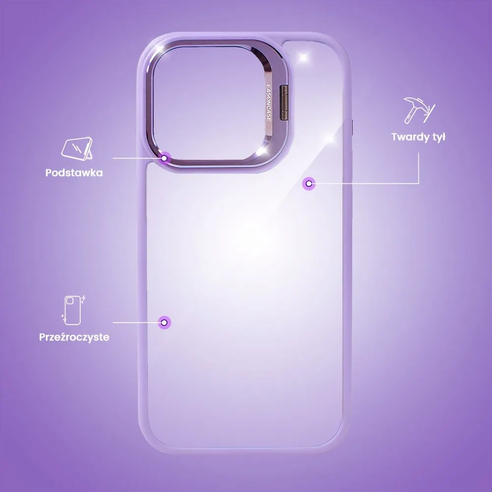 Etui do iPhone 15 Pro Max cienkie przeźroczyste, 3w1 z podstawką i osłoną aparatu, fioletowe