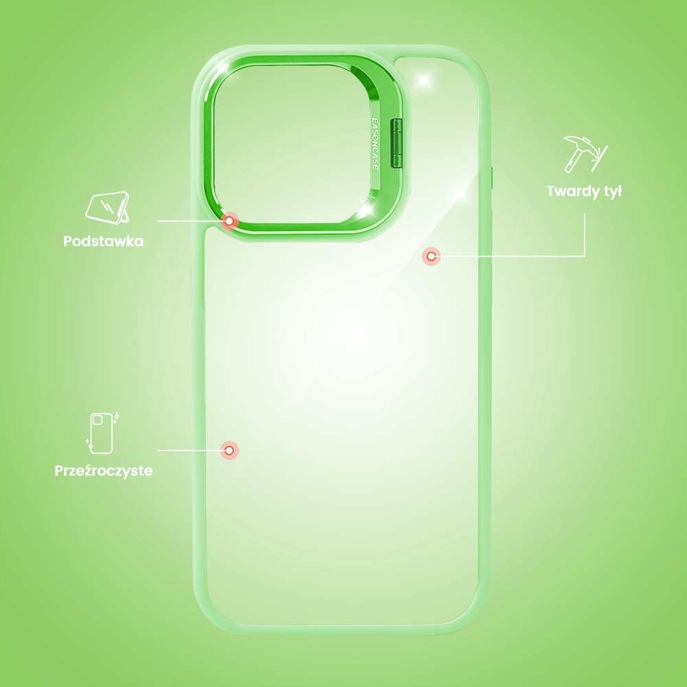 Etui do iPhone 15 Pro Max cienkie przeźroczyste, 3w1 z podstawką i osłoną aparatu, miętowe