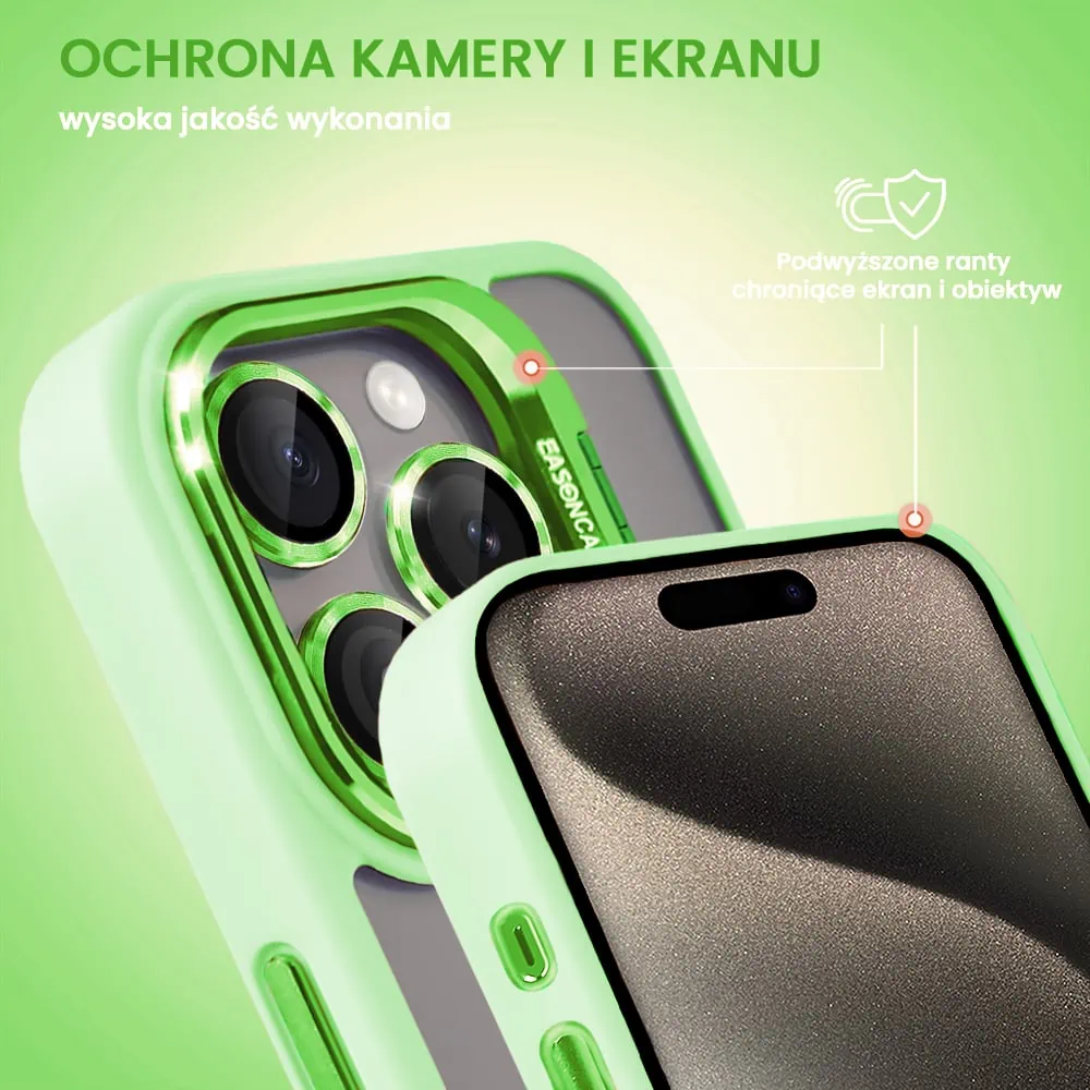 Etui do iPhone 15 Pro Max cienkie przeźroczyste, 3w1 z podstawką i osłoną aparatu, miętowe