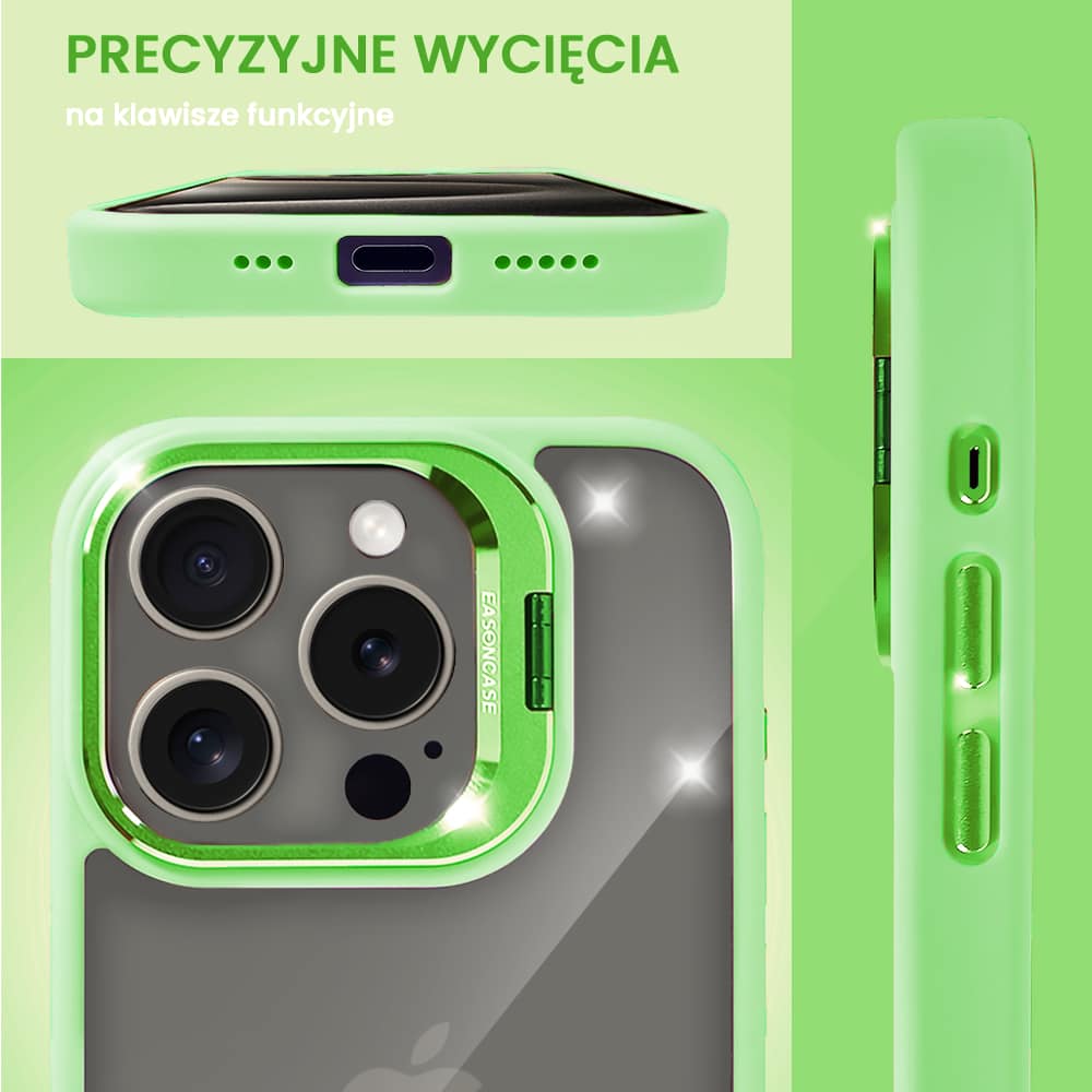 Etui do iPhone 15 Pro Max cienkie przeźroczyste, 3w1 z podstawką i osłoną aparatu, miętowe
