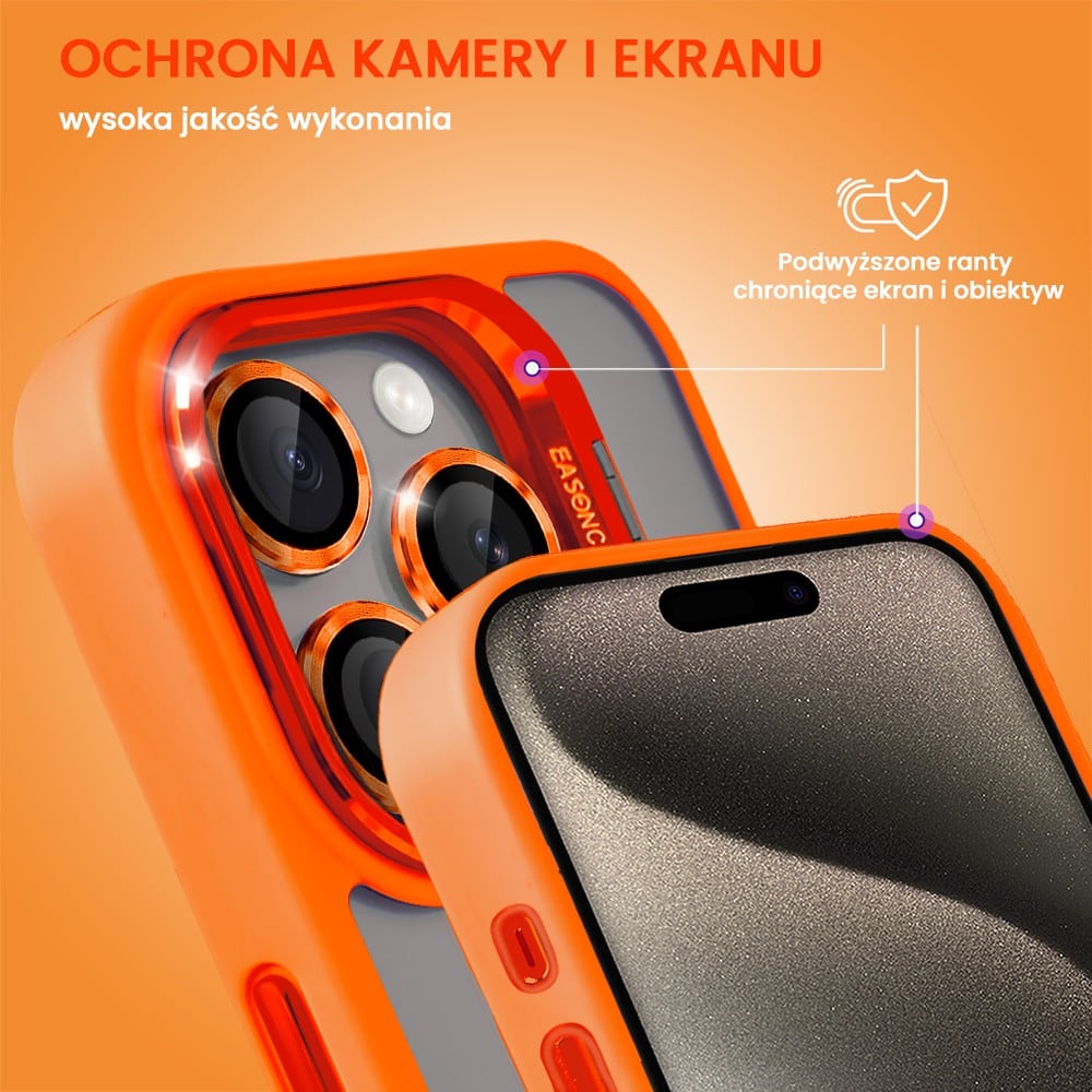 Etui do iPhone 15 Pro cienkie przeźroczyste, 3w1 z podstawką i osłoną aparatu, pomarańczowe