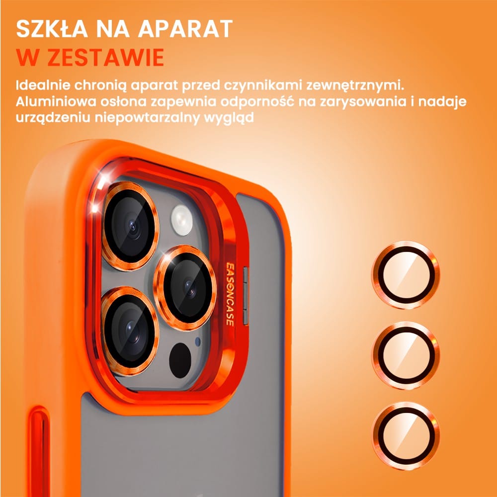 Etui do iPhone 15 Pro cienkie przeźroczyste, 3w1 z podstawką i osłoną aparatu, pomarańczowe