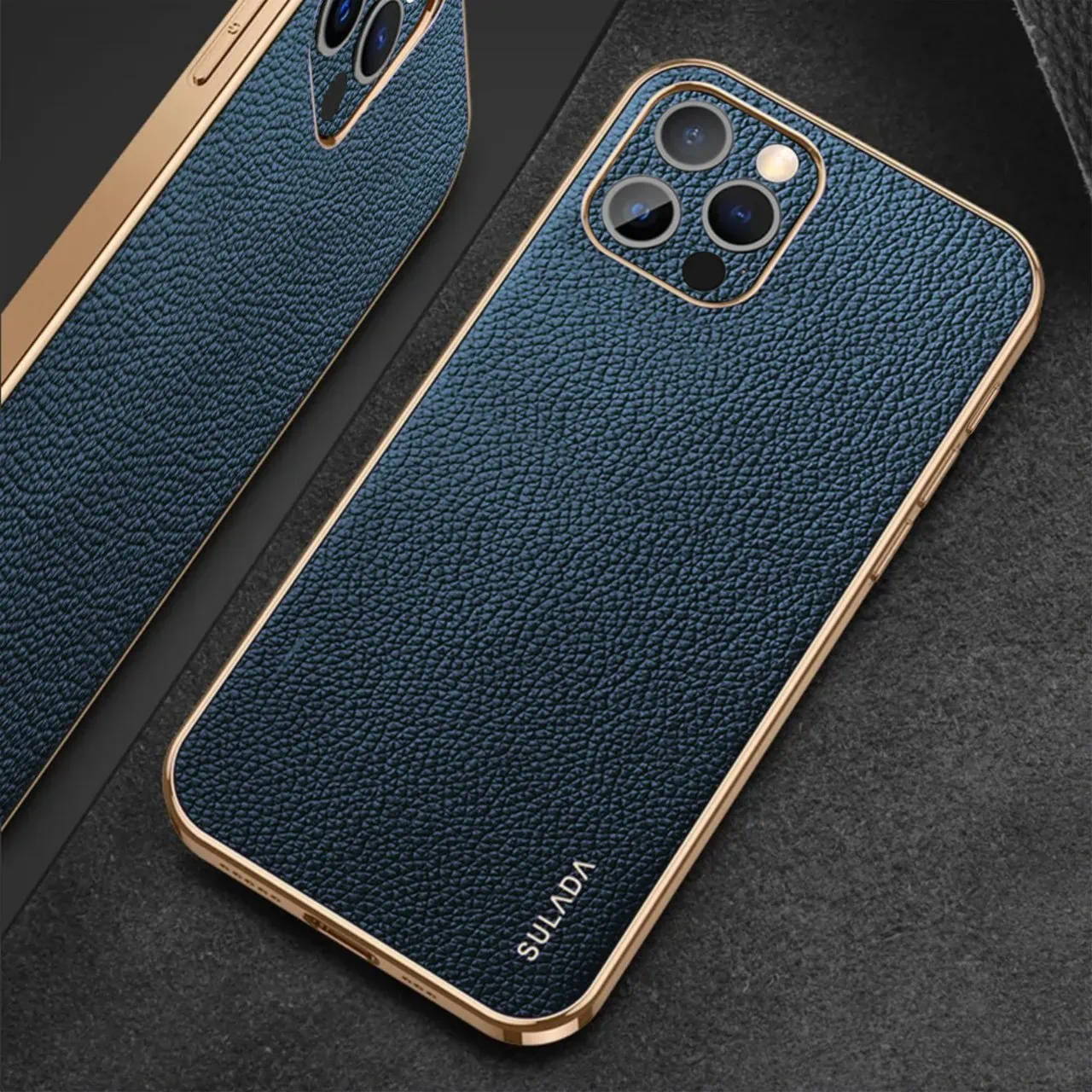 Etui do iPhone 15 Pro Max eleganckie luksusowe skórzane, z osłoną kamery, granatowe ze złotem