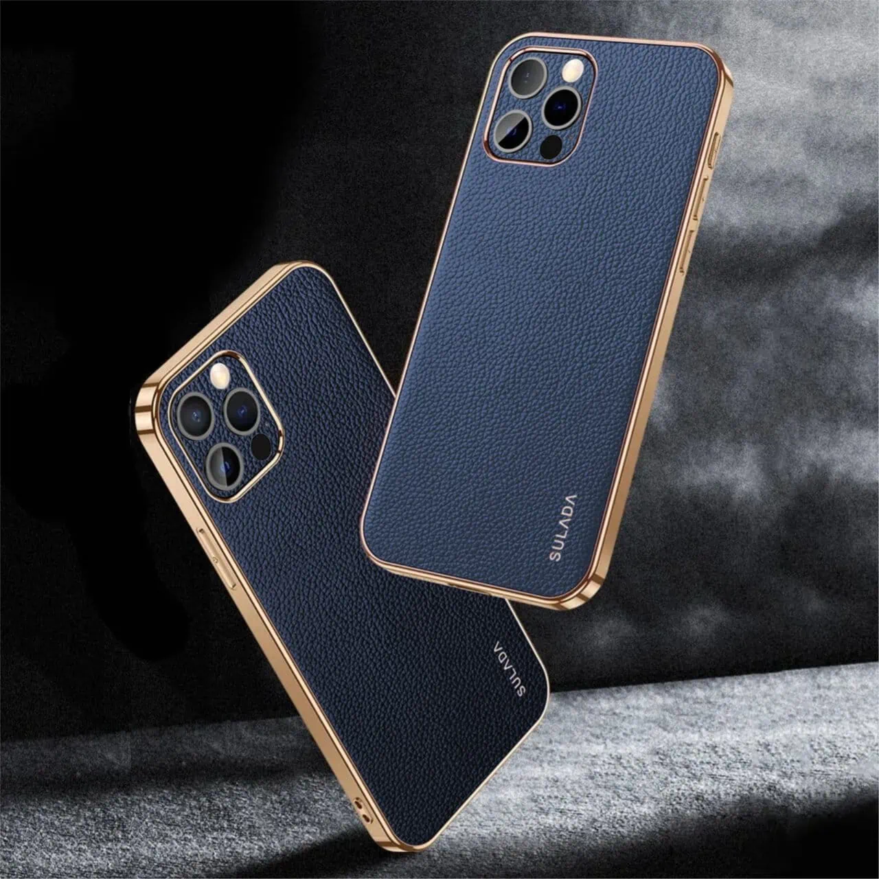 Etui do iPhone 15 Pro Max eleganckie luksusowe skórzane, z osłoną kamery, granatowe ze złotem