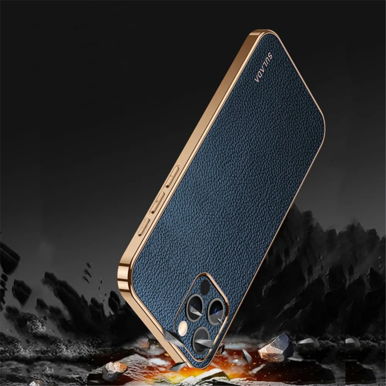 Etui do iPhone 15 Pro Max eleganckie luksusowe skórzane, z osłoną kamery, granatowe ze złotem