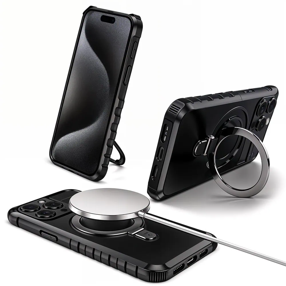 Etui do iPhone 15 Pro, pancerne, z osłoną aparatu i metalową podstawką MagSafe, czarne