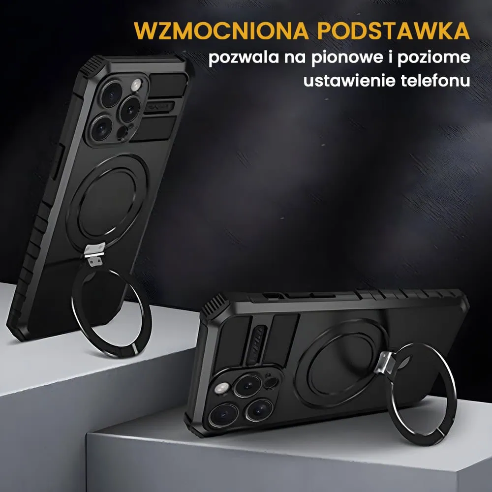 Etui do iPhone 15 Pro, pancerne, z osłoną aparatu i metalową podstawką MagSafe, czarne