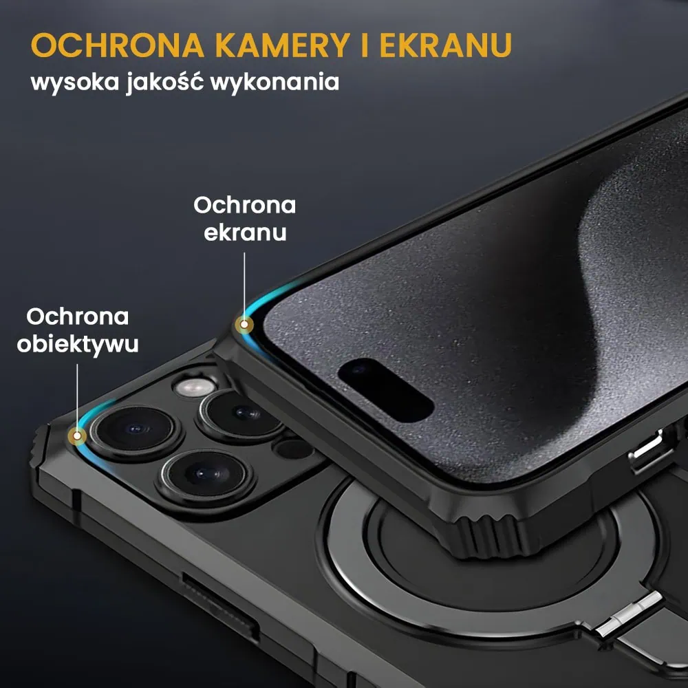 Etui do iPhone 15 Pro, pancerne, z osłoną aparatu i metalową podstawką MagSafe, czarne
