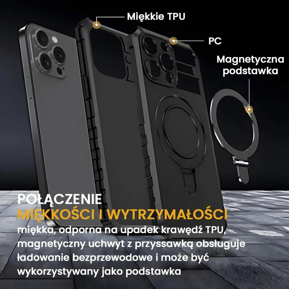 Etui do iPhone 15 Pro, pancerne, z osłoną aparatu i metalową podstawką MagSafe, czarne