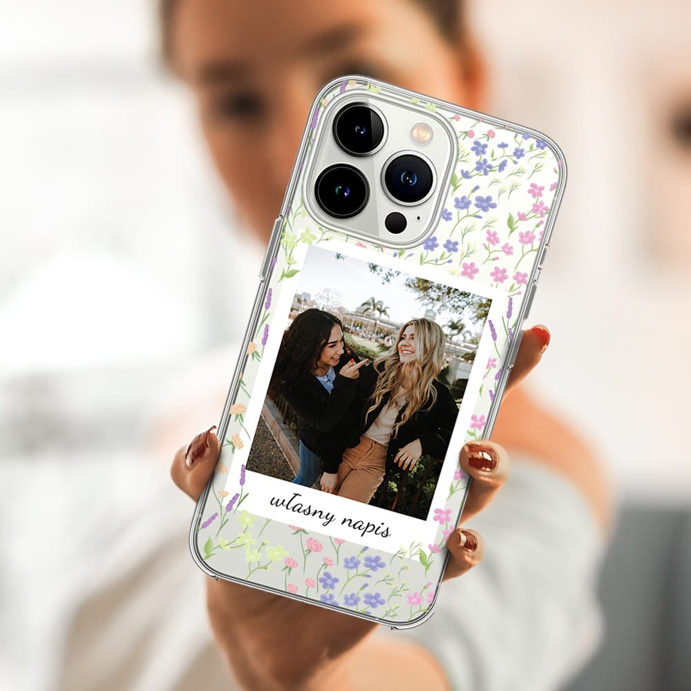 Etui do iPhone 15 Pro polaroid z własnym zdjęciem i napisem, kwiaty