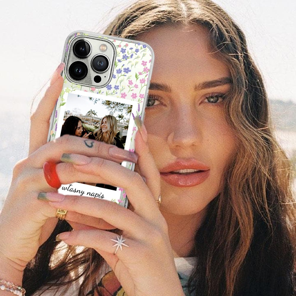 Etui do iPhone 15 Pro polaroid z własnym zdjęciem i napisem, kwiaty