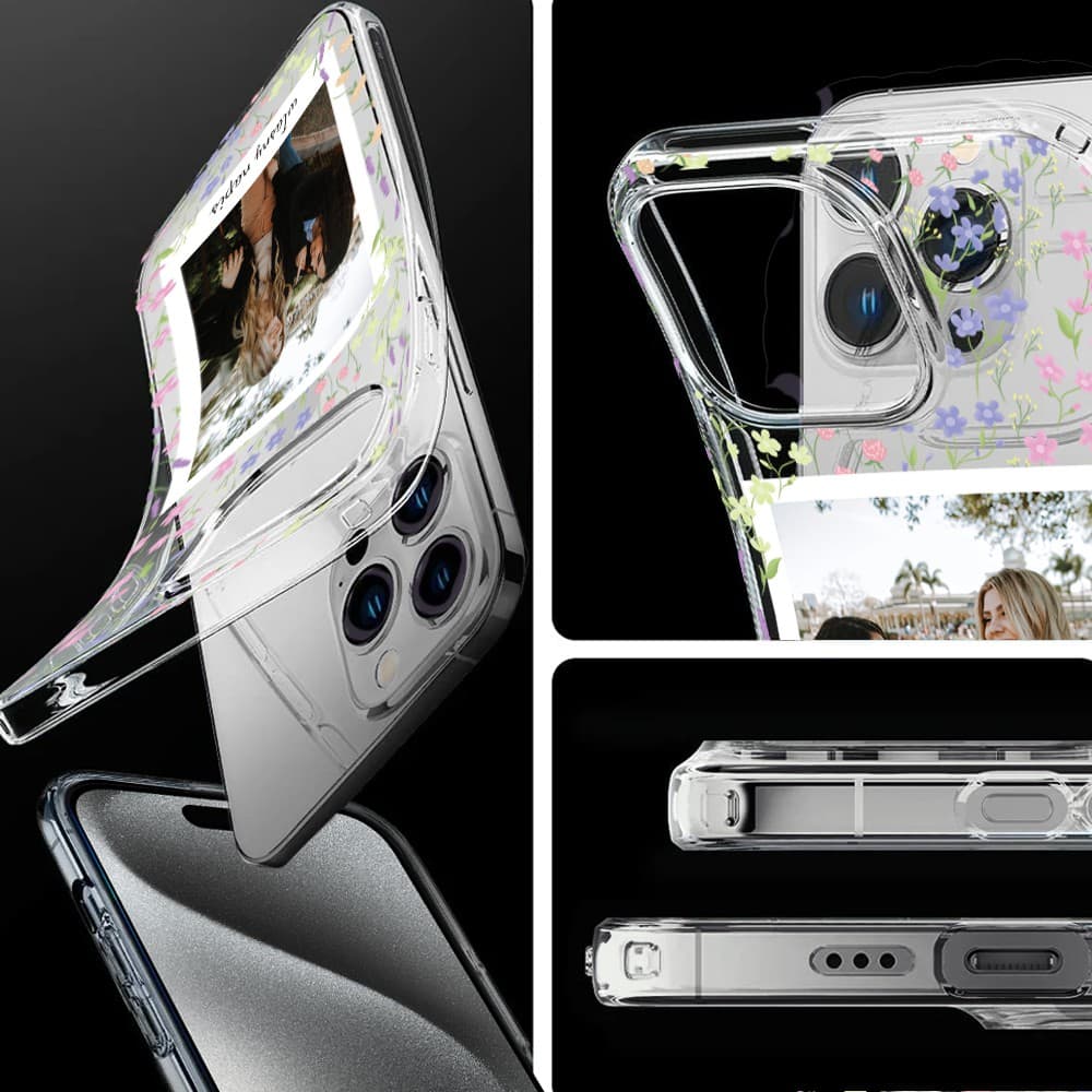 Etui do iPhone 15 Pro polaroid z własnym zdjęciem i napisem, kwiaty