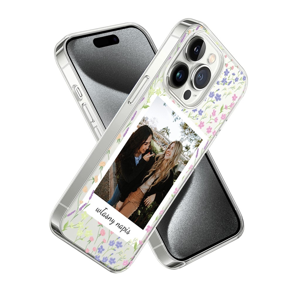 Etui do iPhone 15 Pro polaroid z własnym zdjęciem i napisem, kwiaty