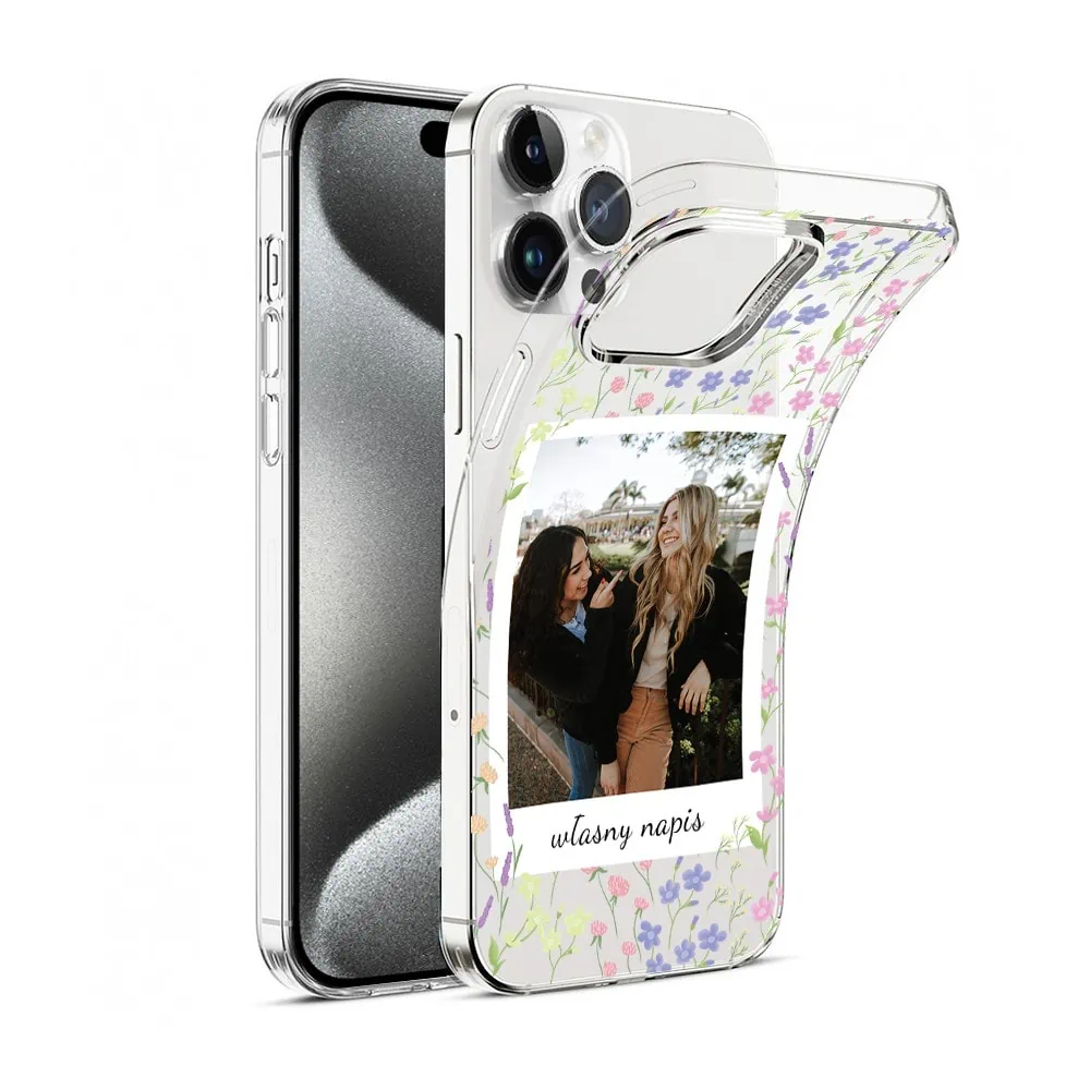 Etui do iPhone 15 Pro polaroid z własnym zdjęciem i napisem, kwiaty