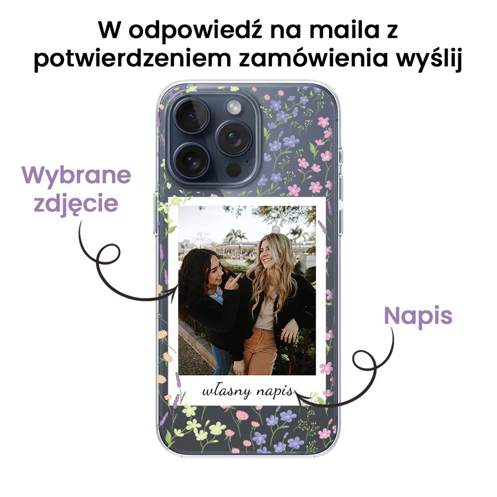 Etui do iPhone 15 Pro polaroid z własnym zdjęciem i napisem, kwiaty