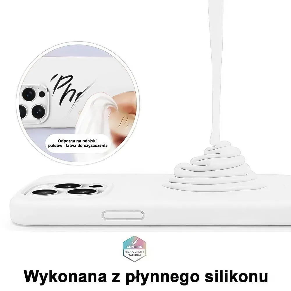 Etui do iPhone 15 Pro Max silikonowe z mikrofibrą soft touch z osłoną na aparat, białe alabastrowe