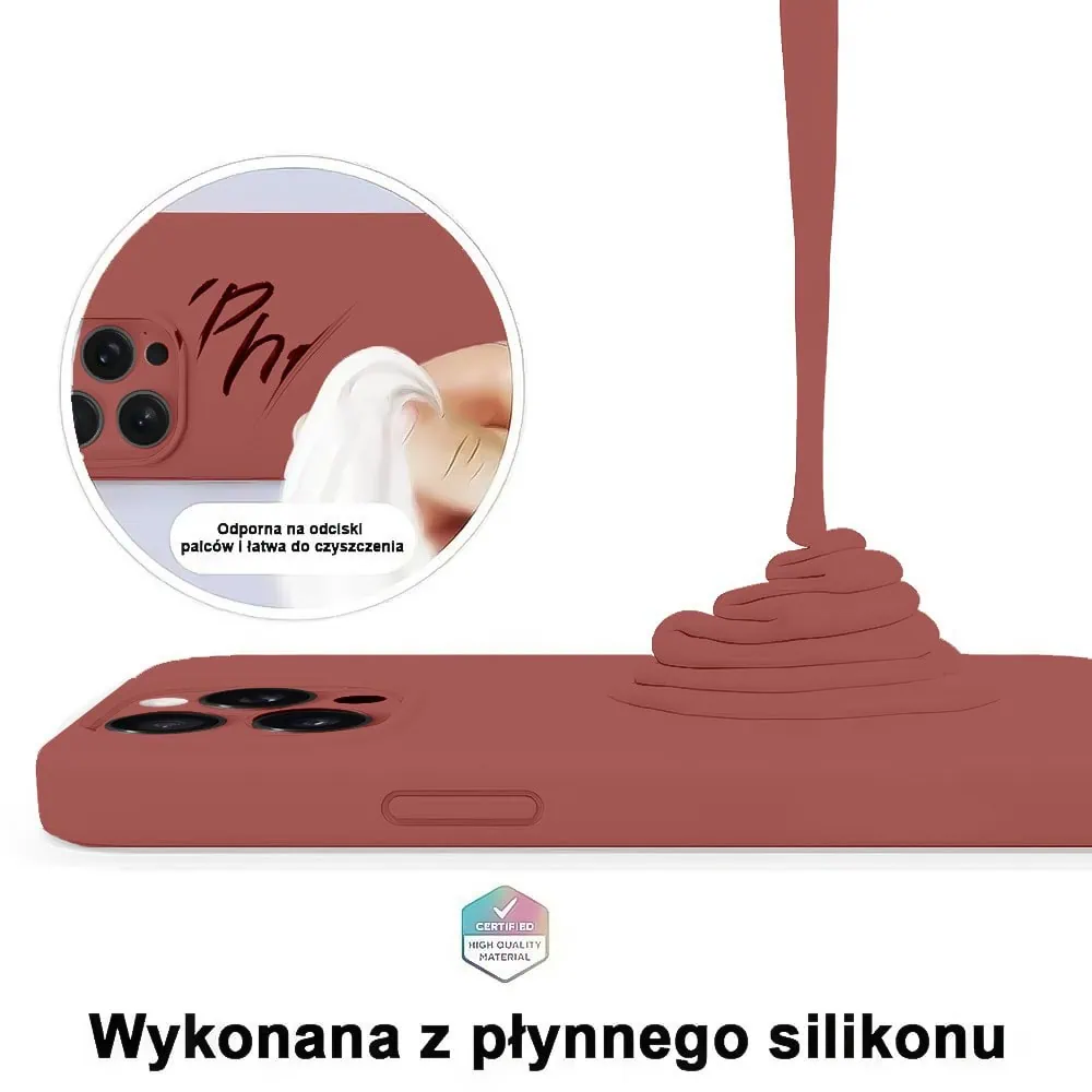 Etui do iPhone 15 Pro Max silikonowe z mikrofibrą soft touch z osłoną na aparat, gorąca czekolada
